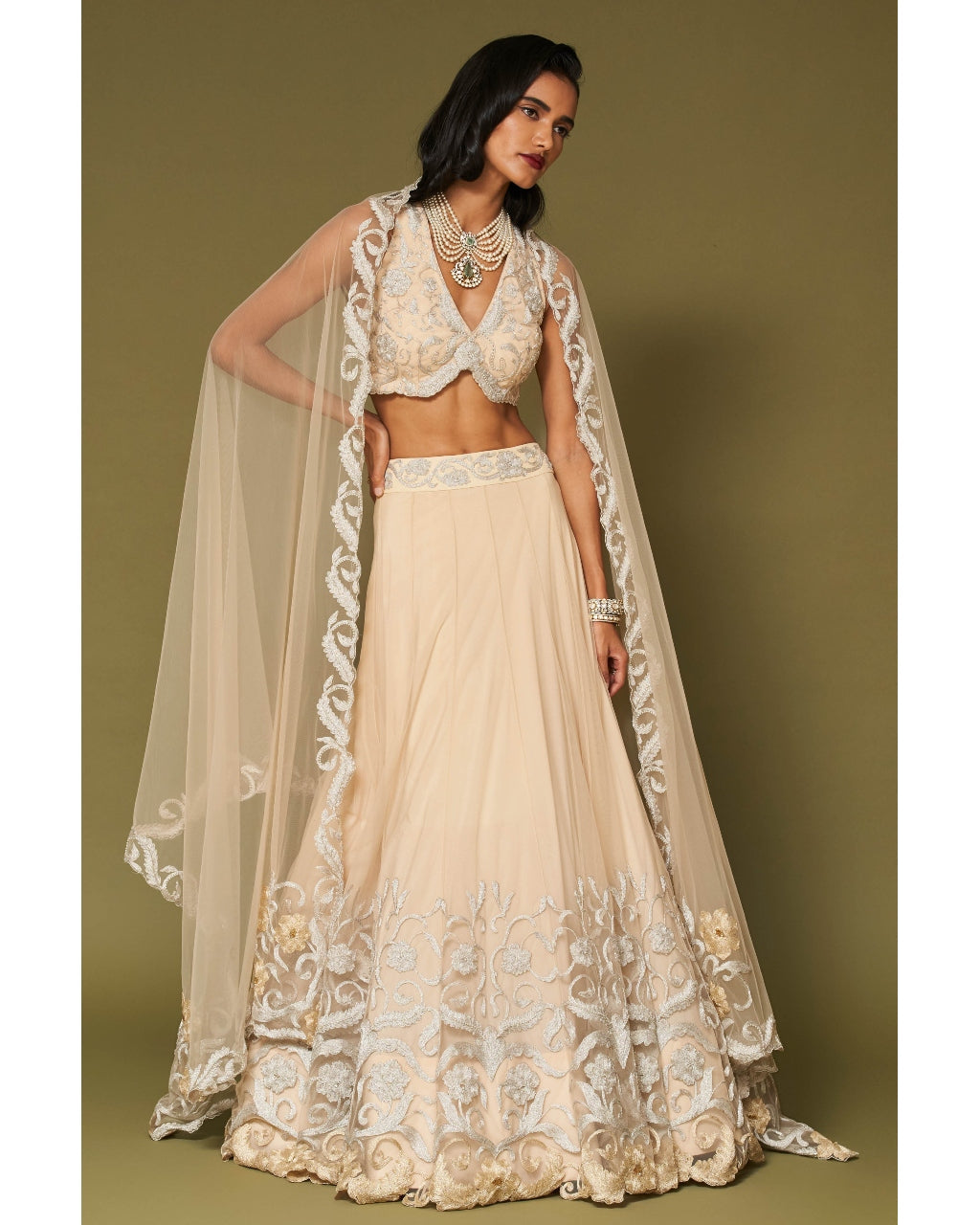 Almond Embroidered Tulle Lehenga Set By KYNAH, Luxury Indian Fashion & Bridal Wear