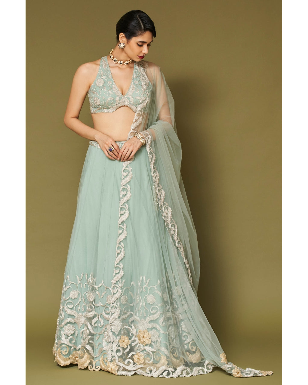 Aqua Embroidered Tulle Lehenga Set By KYNAH, Luxury Indian Fashion & Bridal Wear