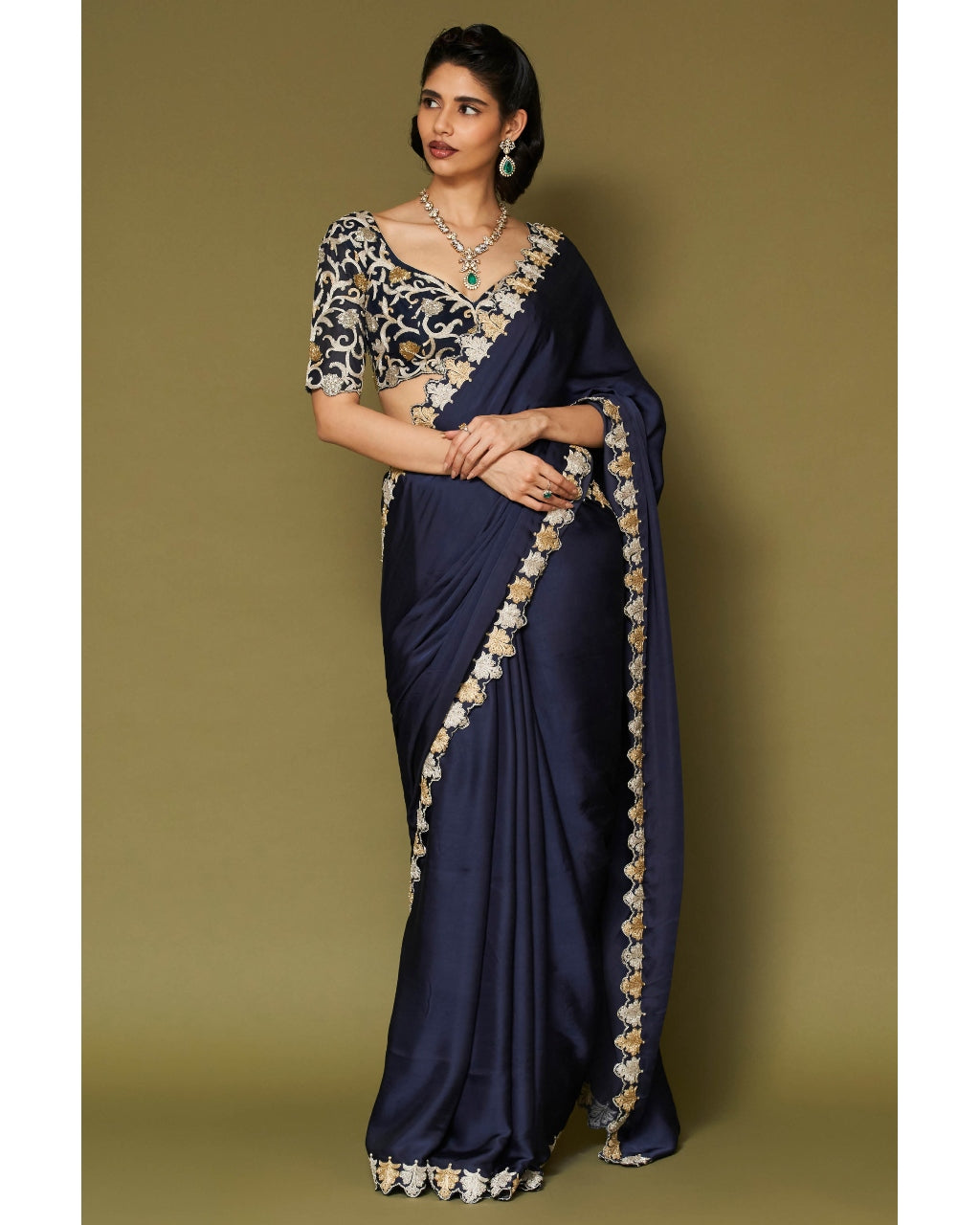 Midnight Navy Embroidered Modal Satin Sari Set By KYNAH, Luxury Indian Fashion & Bridal Wear