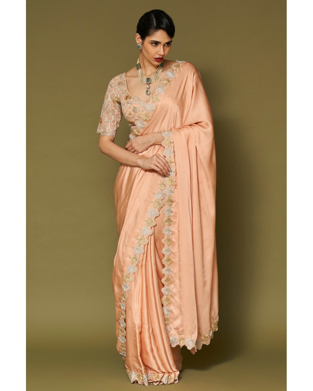 Apricot Embroidered Modal Satin Sari Set By KYNAH, Luxury Indian Fashion & Bridal Wear