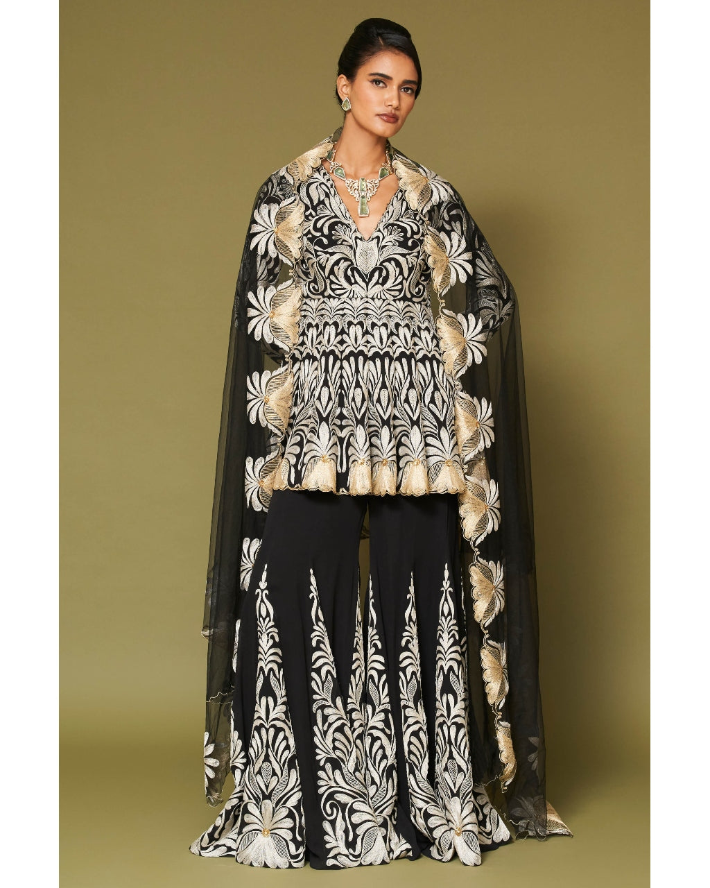 Black Embroidered Georgette Sharara Set By KYNAH, Luxury Indian Fashion & Bridal Wear