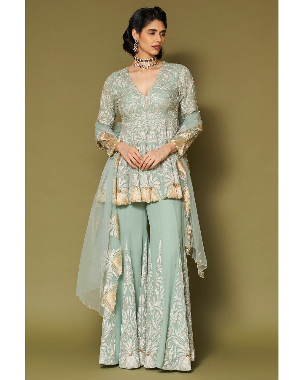 Aqua Embroidered Georgette Sharara Set By KYNAH, Luxury Indian Fashion & Bridal Wear