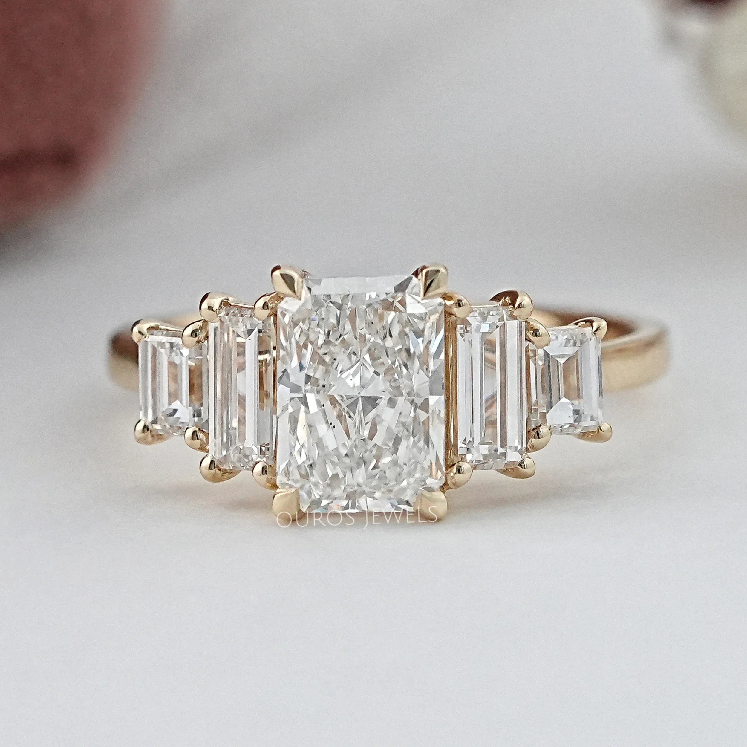 Radiant And Baguette Diamond Five Stone Engagement Ring