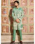 Dark Green Thikri Print and Highlighted Long Jacket Set By KYNAH, Luxury Indian Fashion & Bridal Wear