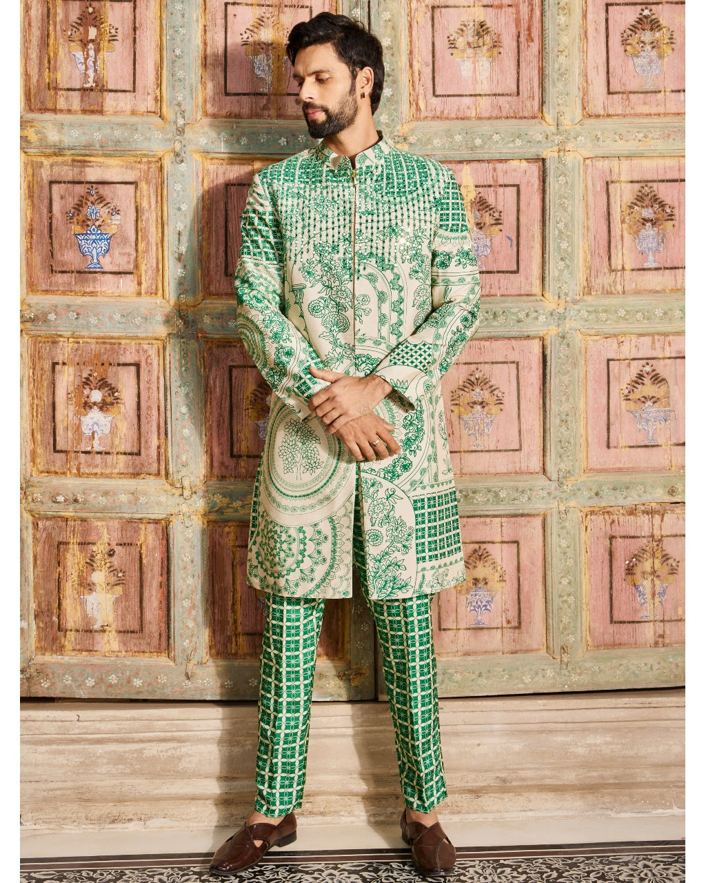 Dark Green Thikri Print and Highlighted Long Jacket Set By KYNAH, Luxury Indian Fashion & Bridal Wear