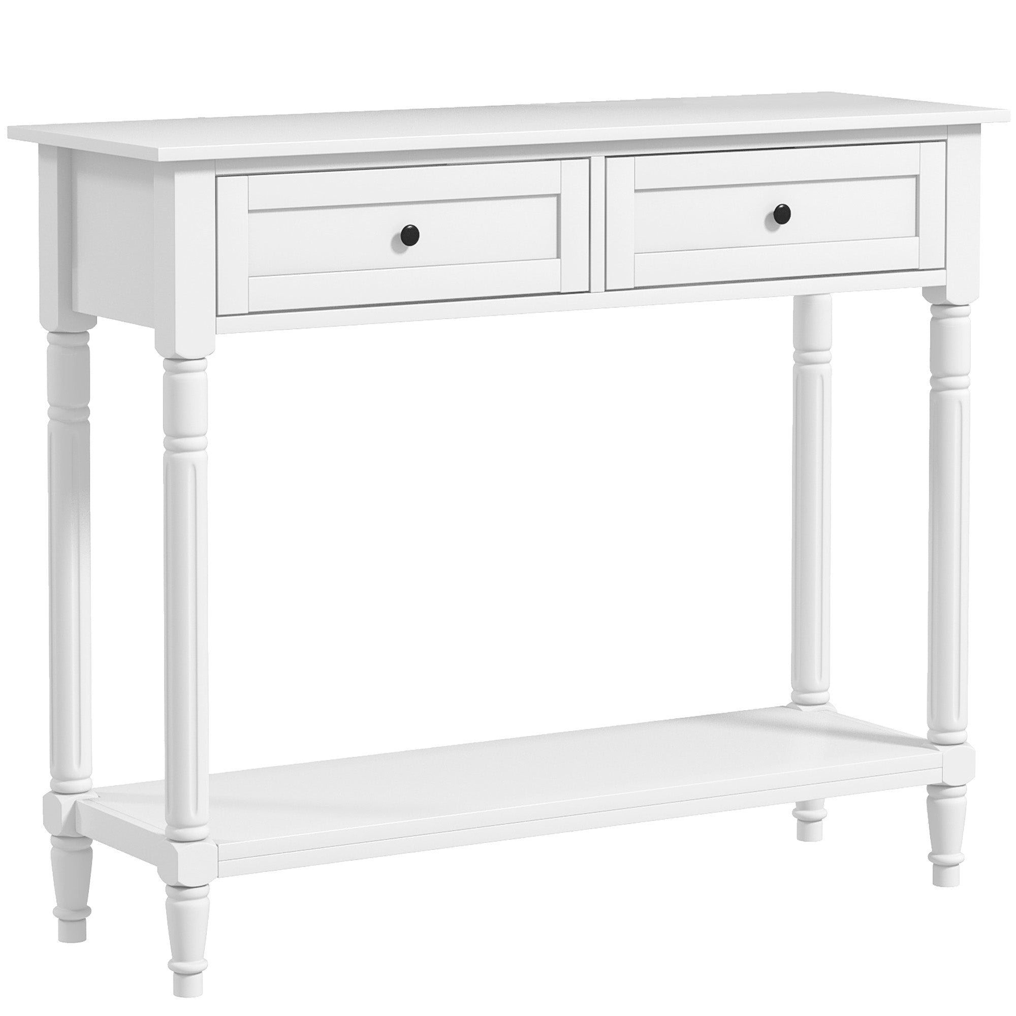 35.8" Console Table with Drawers, 2-Tier Entryway Table with Turned Legs & Shelf, White