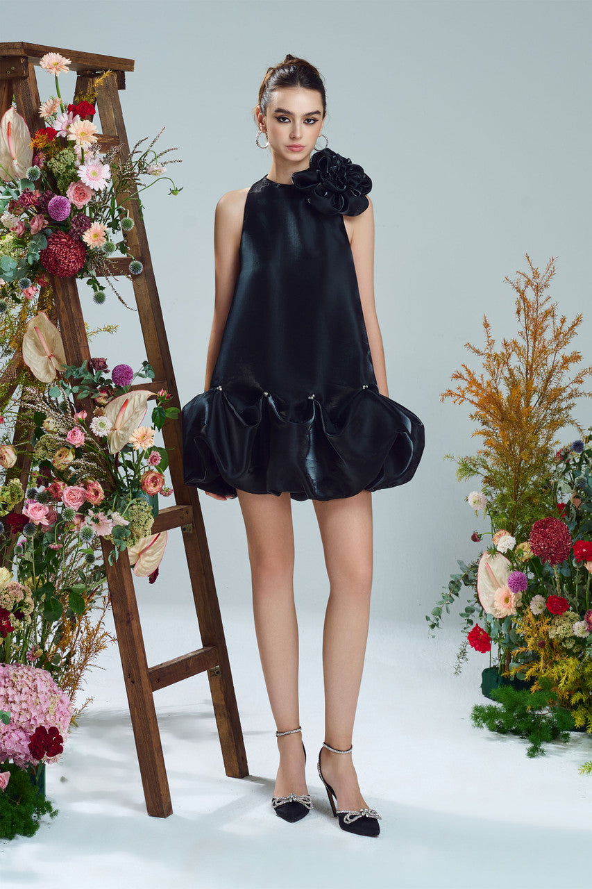 Jade  Dramatic Floral Accent Bubble Hem Mini Dress