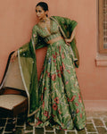 Green Printed Gathered Lehenga Set By KYNAH, Luxury Indian Fashion & Bridal Wear