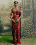 Red Mix Print Sari Set By KYNAH, Luxury Indian Fashion & Bridal Wear