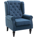 Mid Century Arm Chair for Living Room, Linen Wingback Armchair with Wood Frame Button Tufted Design, Blue