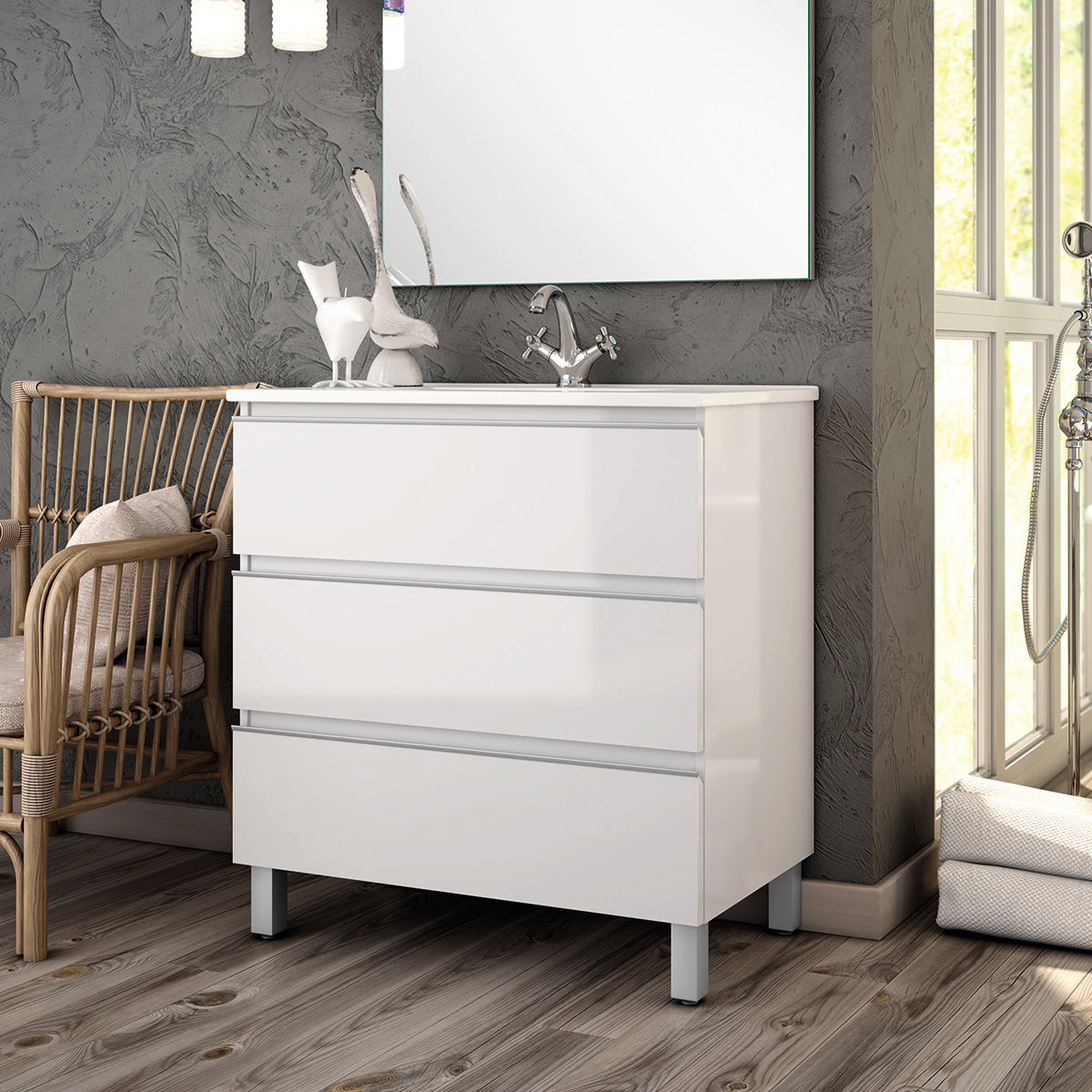 BATHME MADISON TOP Mueble de Baño con Lavabo 3 Cajones Blanco Brillo