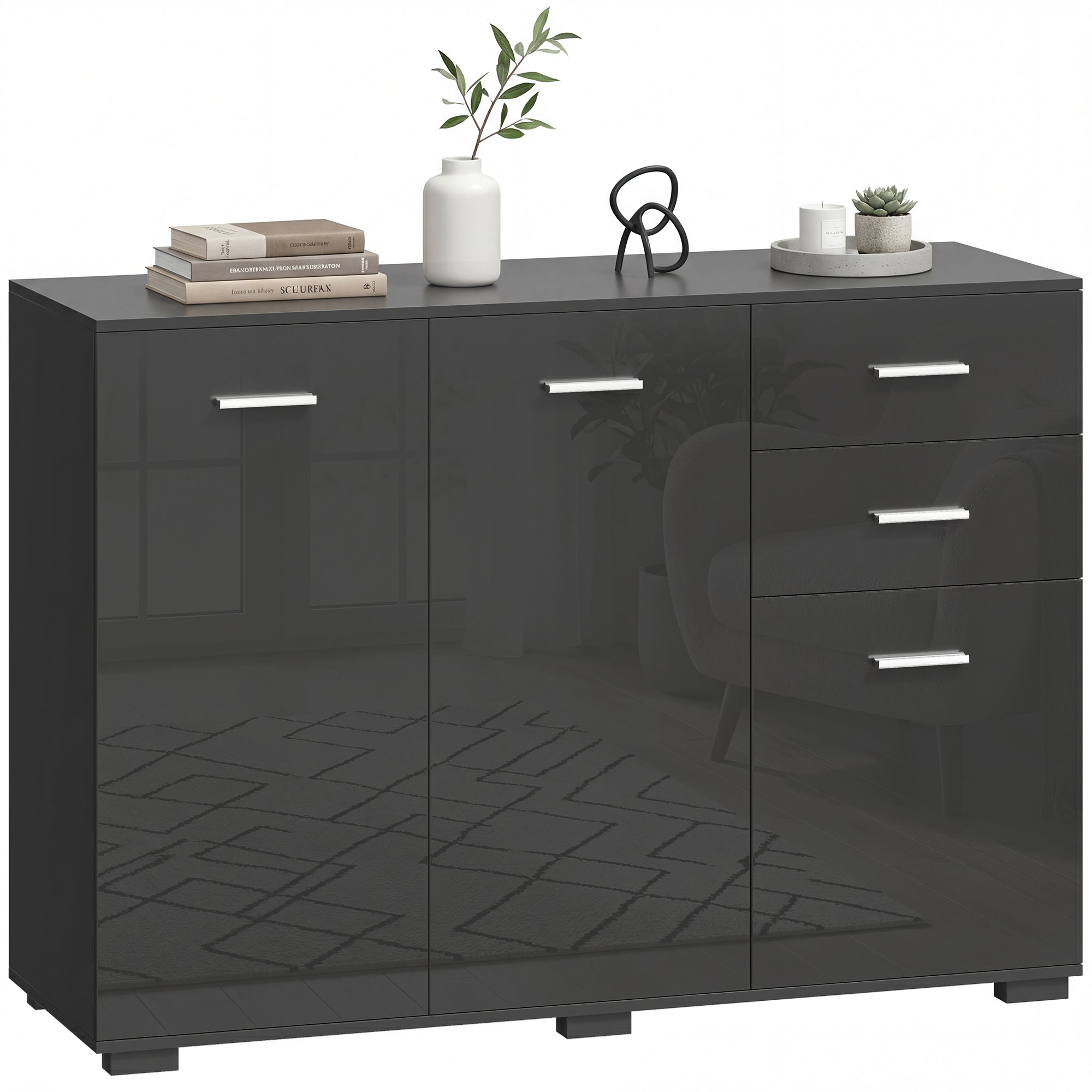 Modern Sideboard with 2 Drawers, 3 Doors & Adjustable Shelves, High Gloss Black