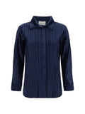 Gongdid Design Fine Striped Velvet-Like Polyester Shirt — Navy