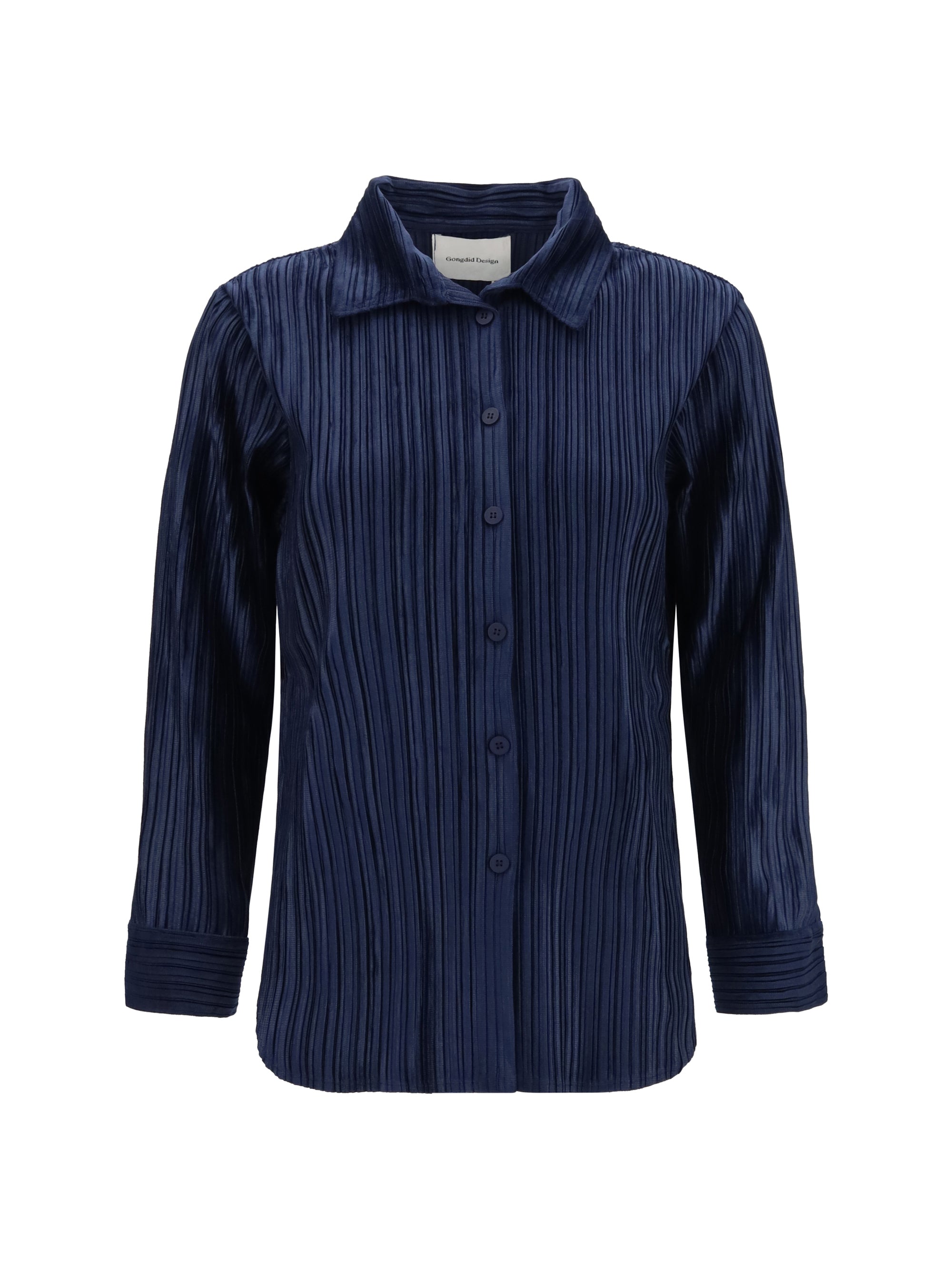 Gongdid Design Fine Striped Velvet-Like Polyester Shirt — Navy