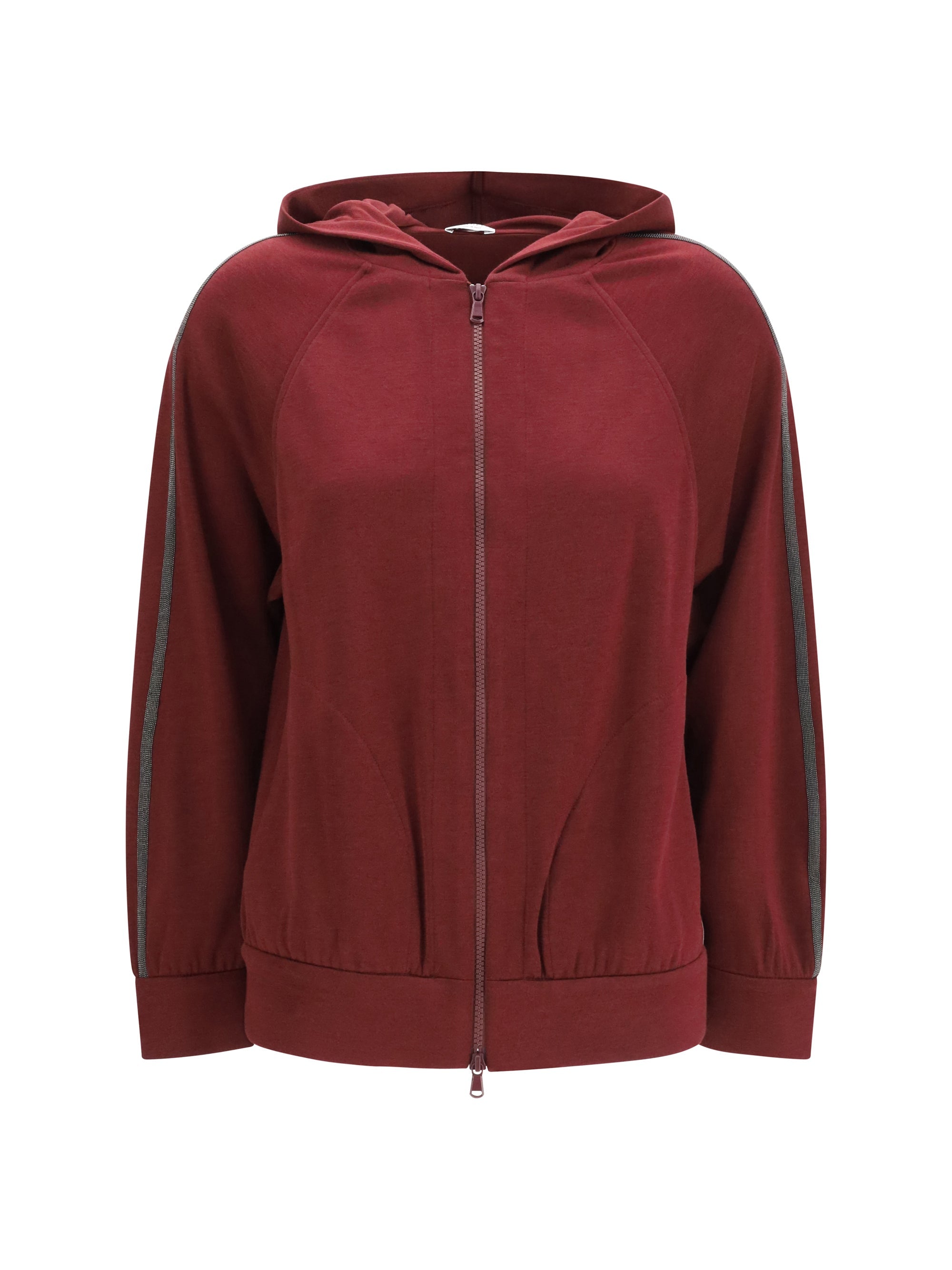 Brunello Cucinelli Monili-Embellished Cotton Blend Zip Hoodie — Red