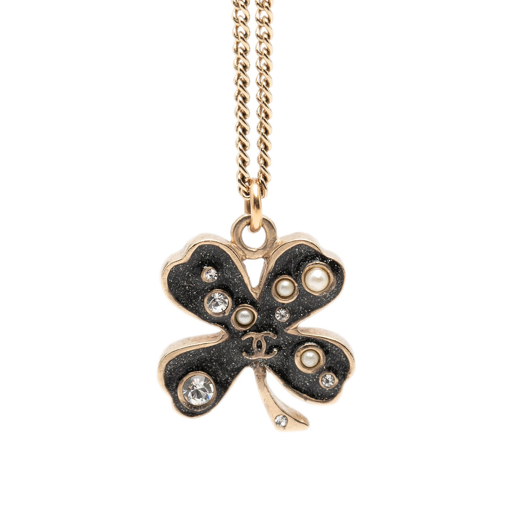 CC Gold Plated and Enamel Strass Faux Pearl Clover Pendant Necklace