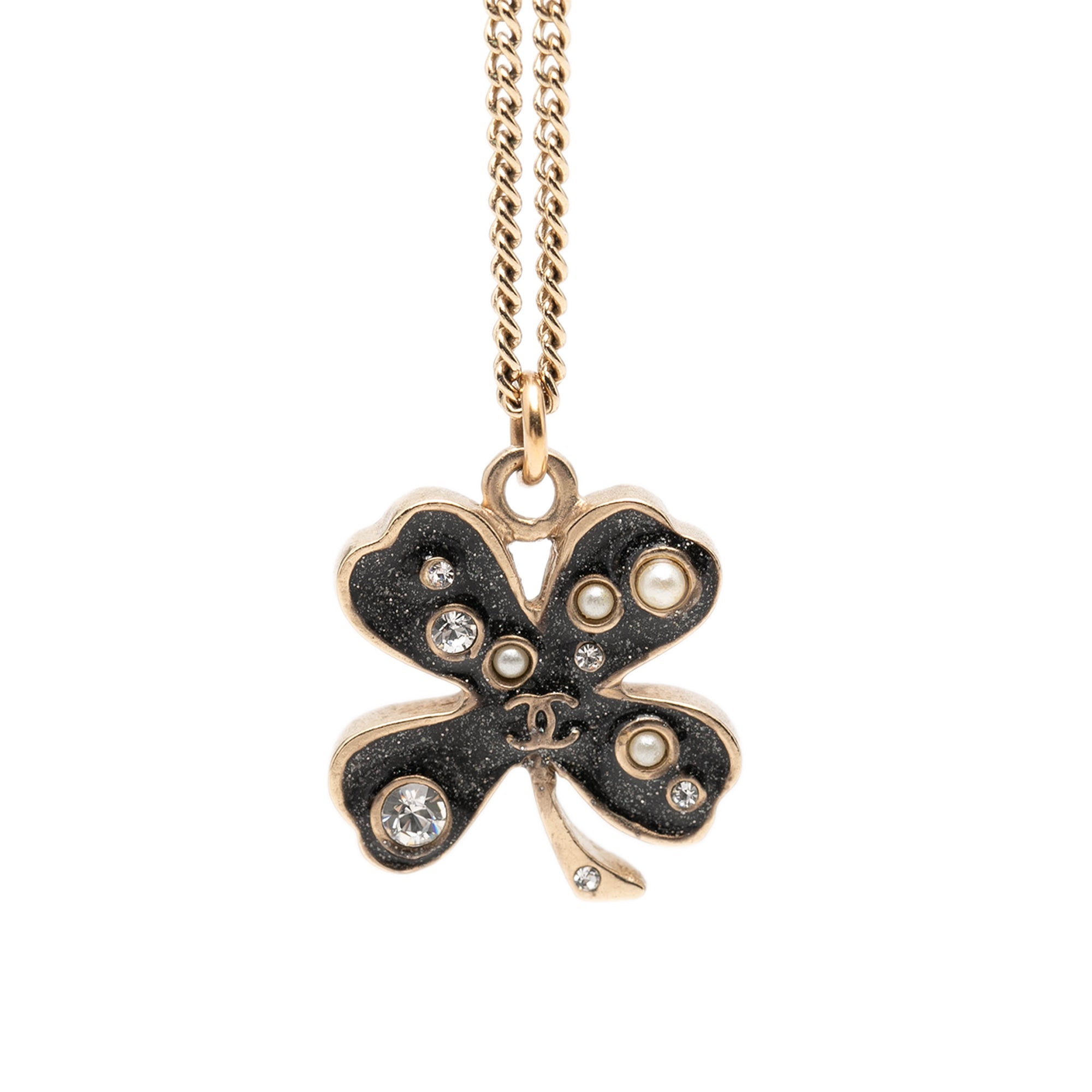 CC Gold Plated and Enamel Strass Faux Pearl Clover Pendant Necklace