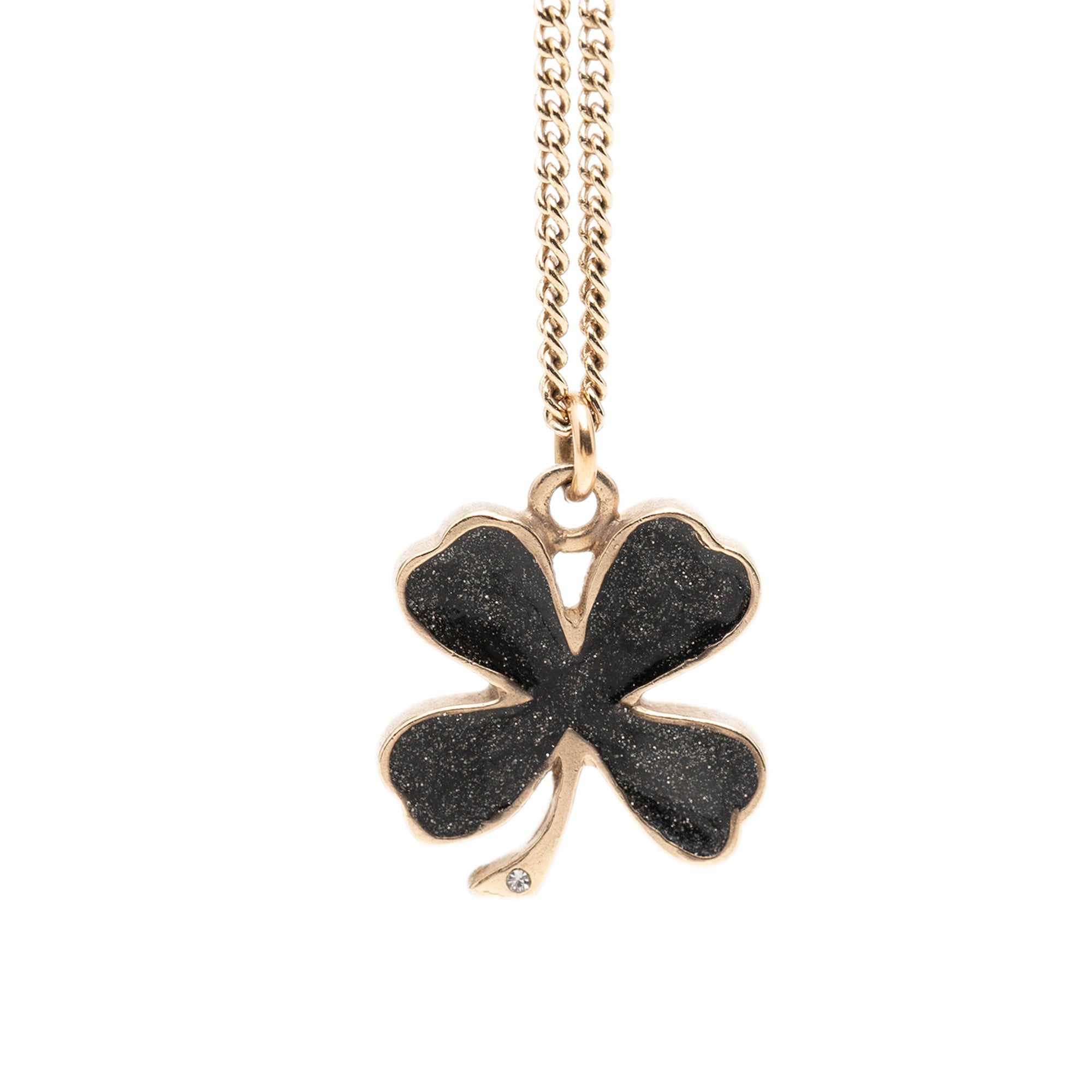CC Gold Plated and Enamel Strass Faux Pearl Clover Pendant Necklace