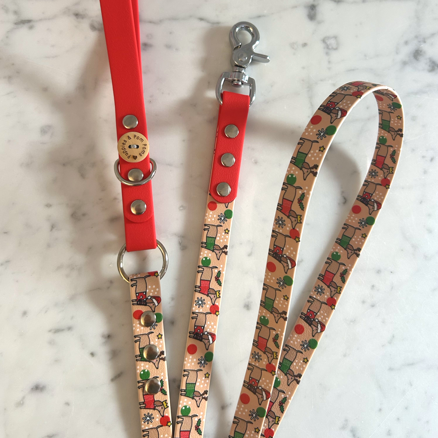 Handmade Dog Leash - Christmas Dachshunds - Red