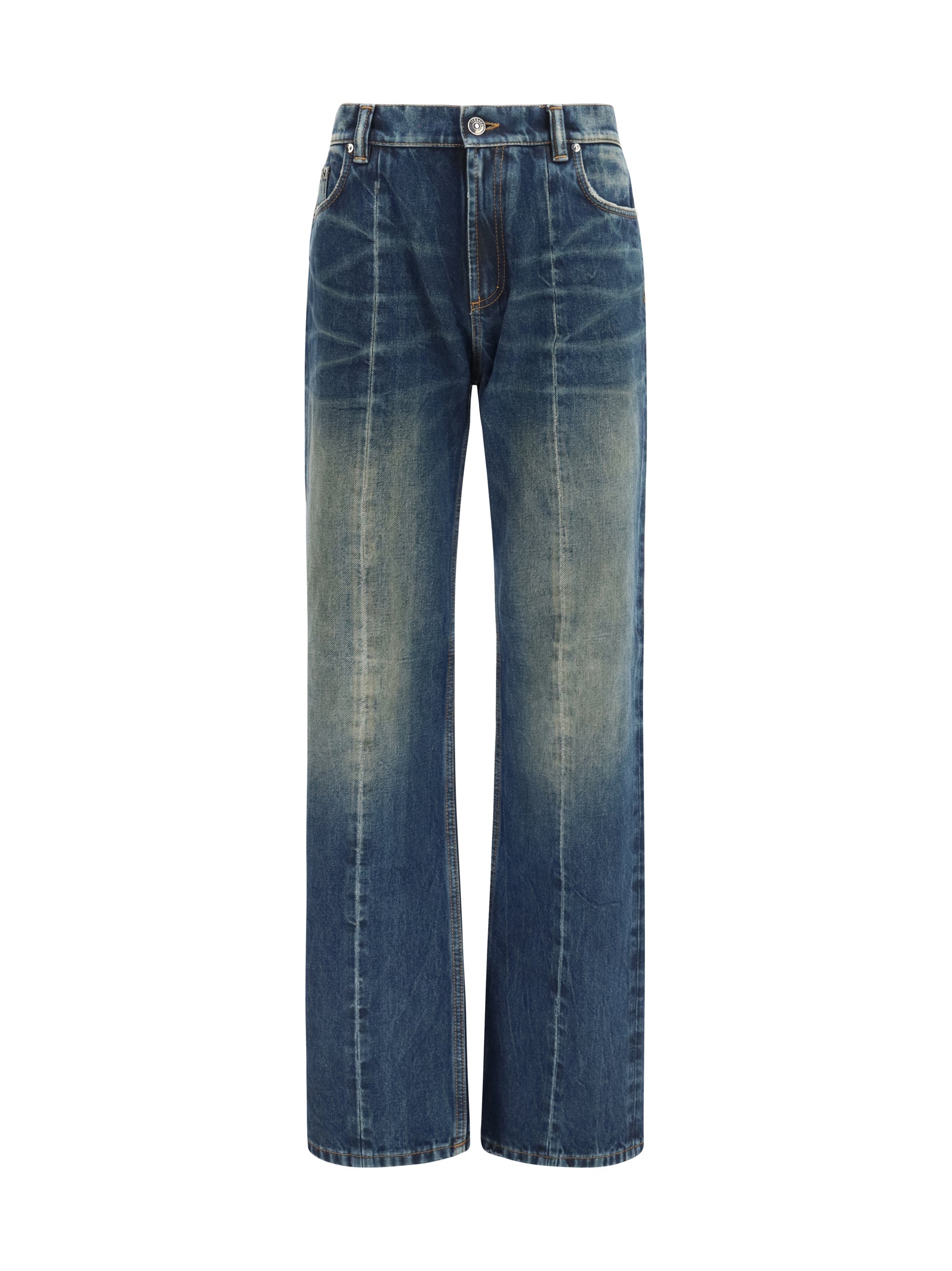 Versace Distressed Straight-Leg Cotton Denim Jeans — Blue