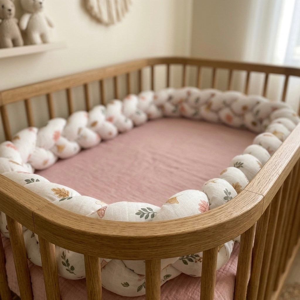 Braided Crib and Bed Bumper in Cotton Flowers | Handmade Bumper