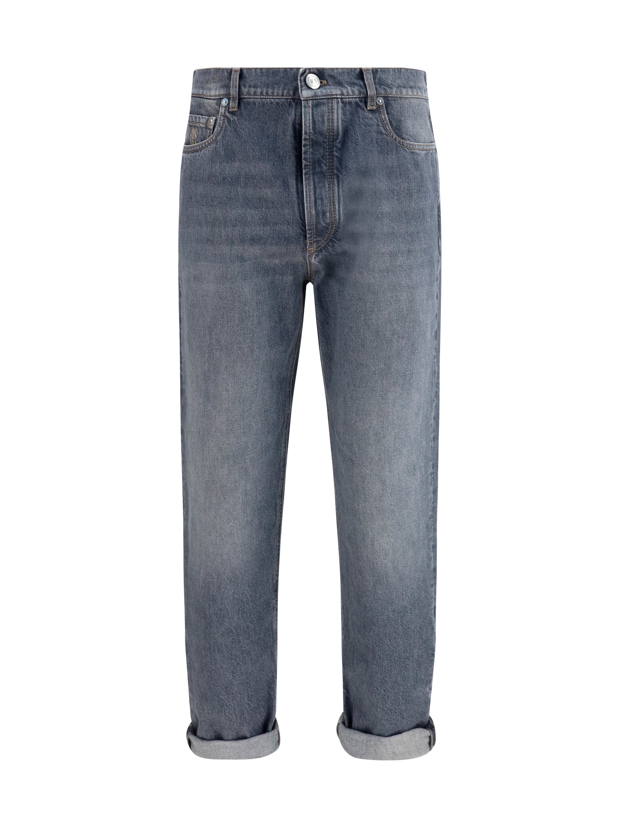 Brunello Cucinelli Straight-Leg Turn-Up Jeans — Gray