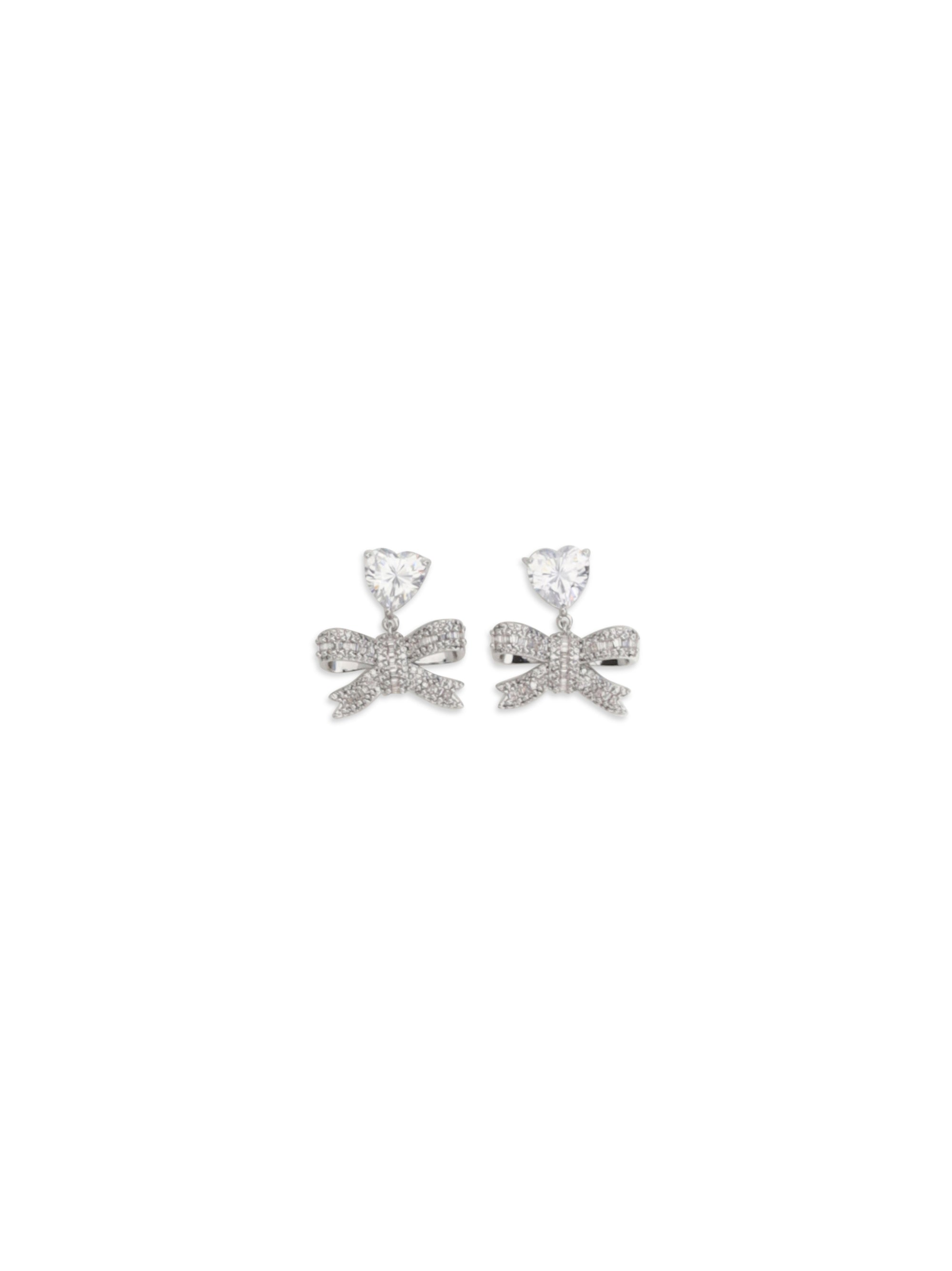 Self-Portrait Heart-Shaped Crystal Bow Drop Earrings — Silver