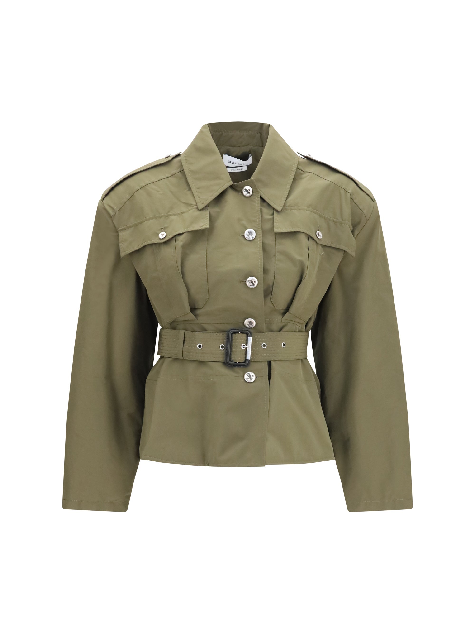 Alexander McQueen Cropped Belted High-Neck Jacket — Green