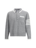 Thom Browne Textured Knit with Four-Bar Stripe Polo — Gray