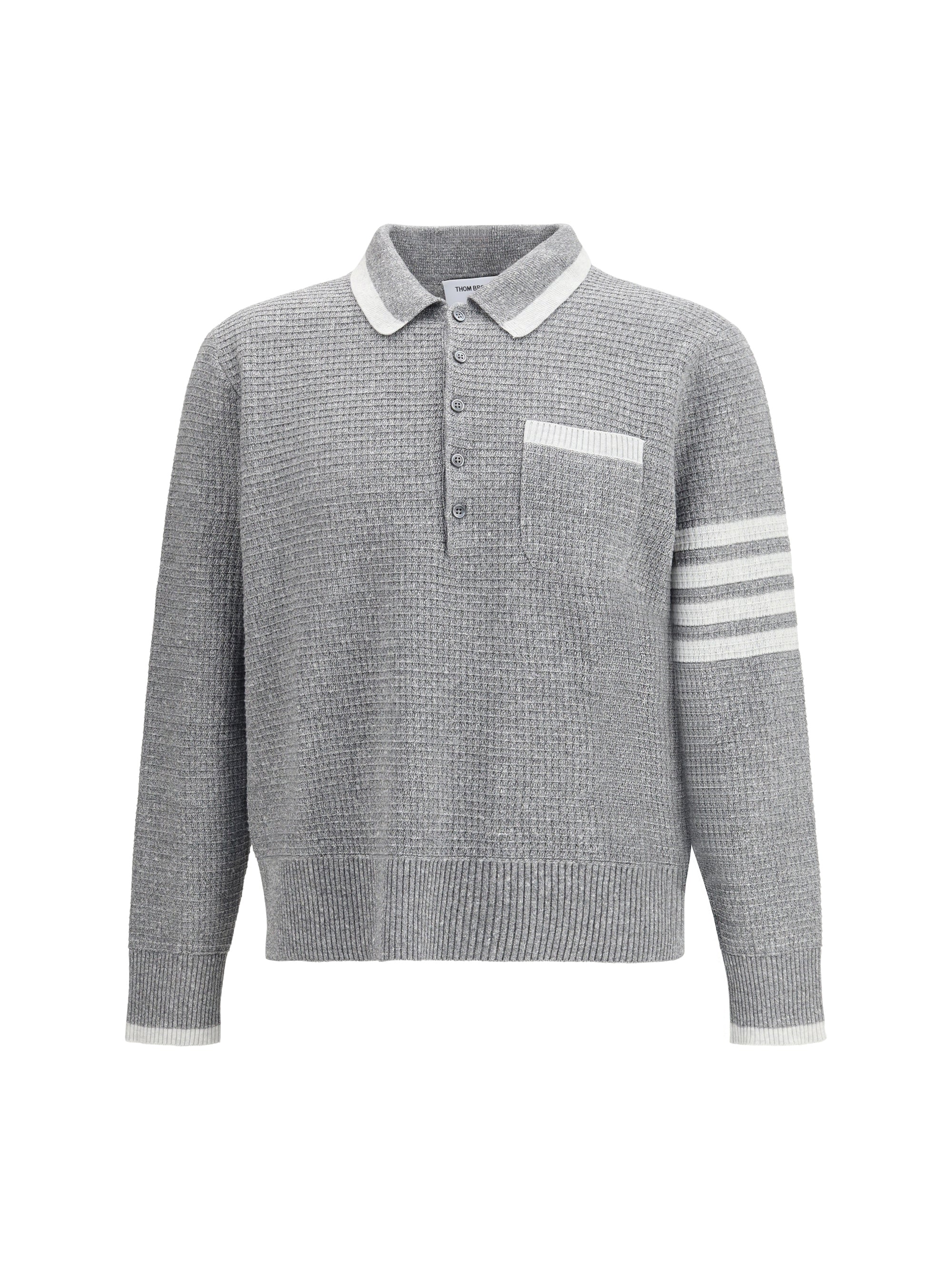 Thom Browne Textured Knit with Four-Bar Stripe Polo — Gray