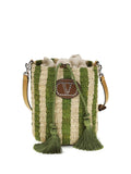 Valentino Garavani Striped Raffia Bucket Bag — Green