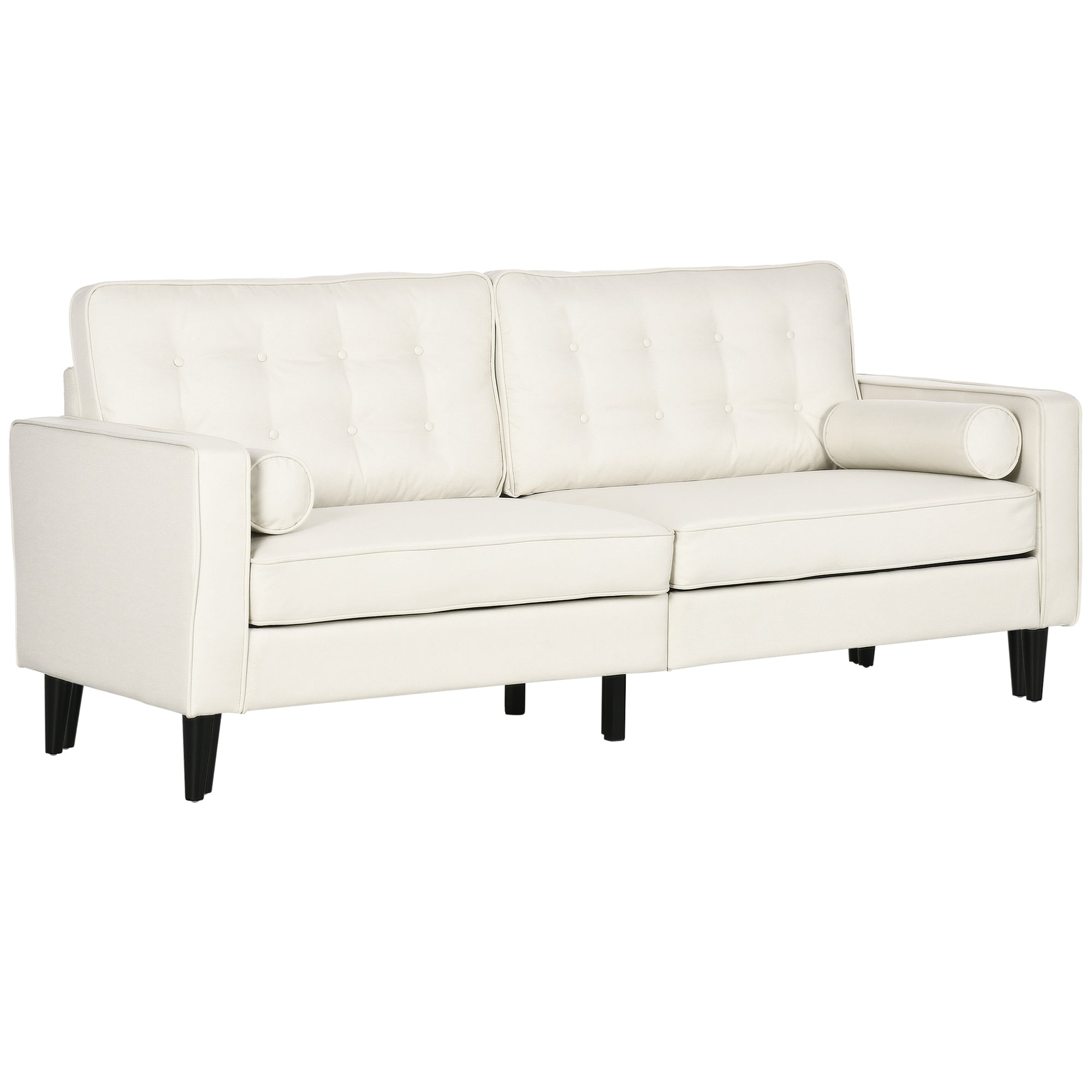 Mid-Century Sofa with Tufted Back & Cylindrical Pillows, Cream White
