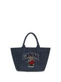 Ganni Bear-Embroidered Denim Tote Bag — Blue
