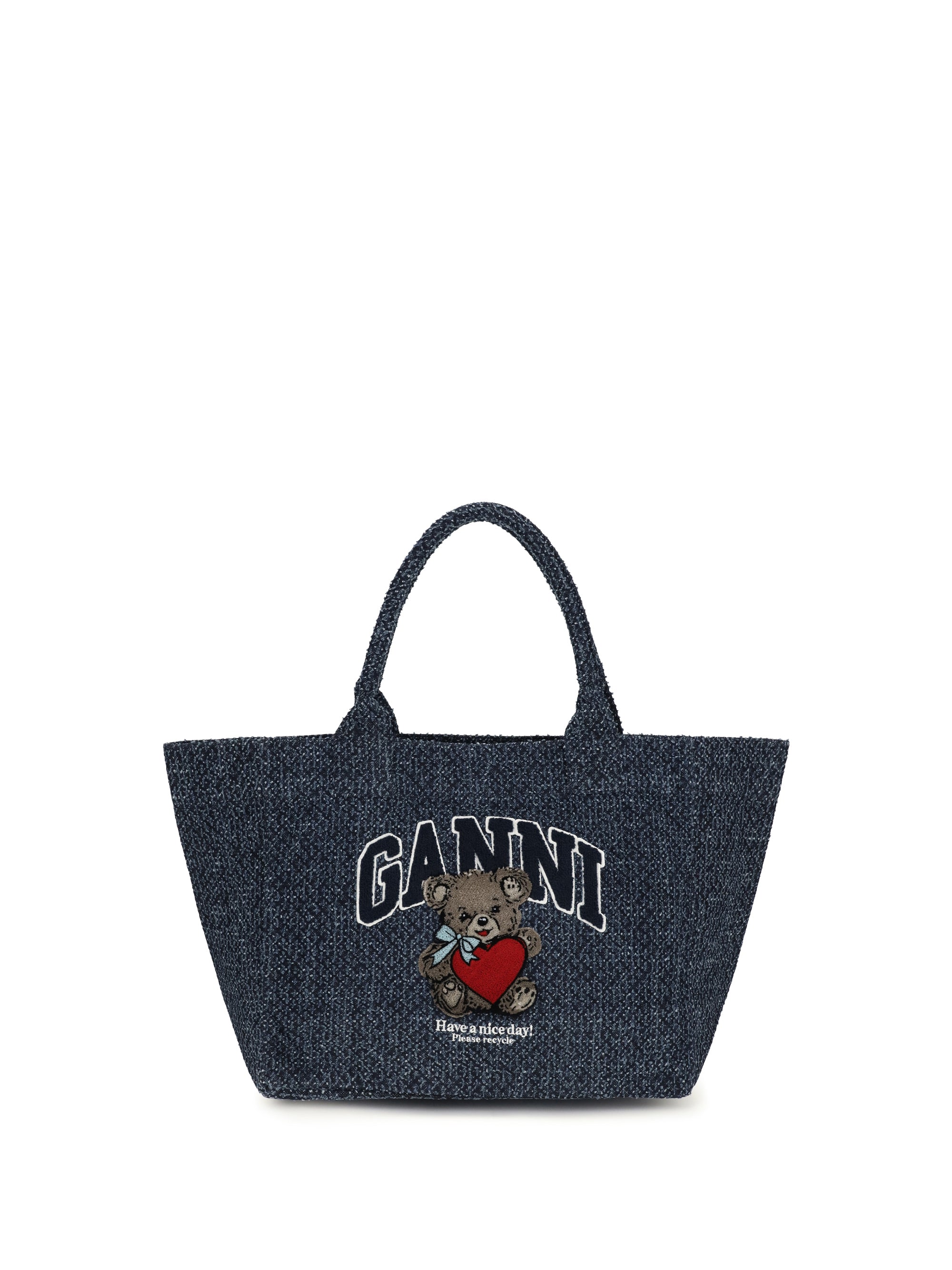 Ganni Bear-Embroidered Denim Tote Bag — Blue