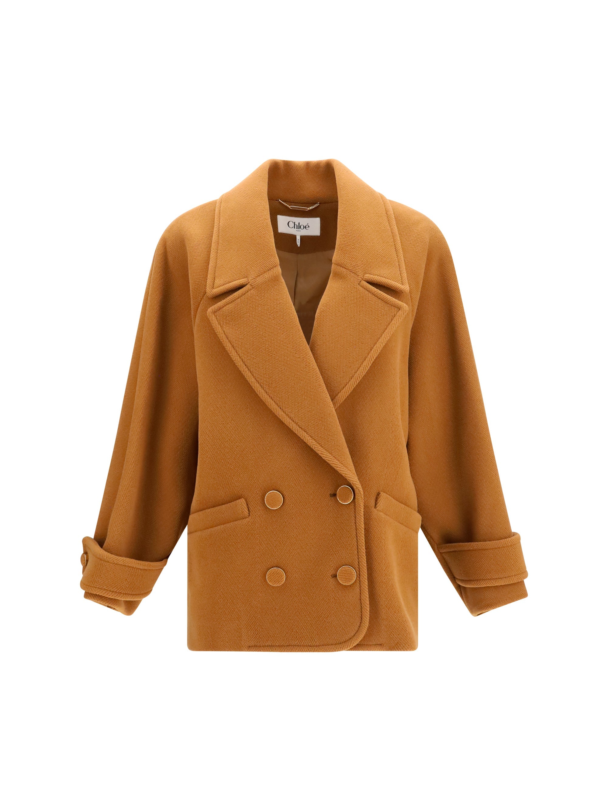 Chloé Double-Breasted Herringbone Merino Wool Coat — Camel