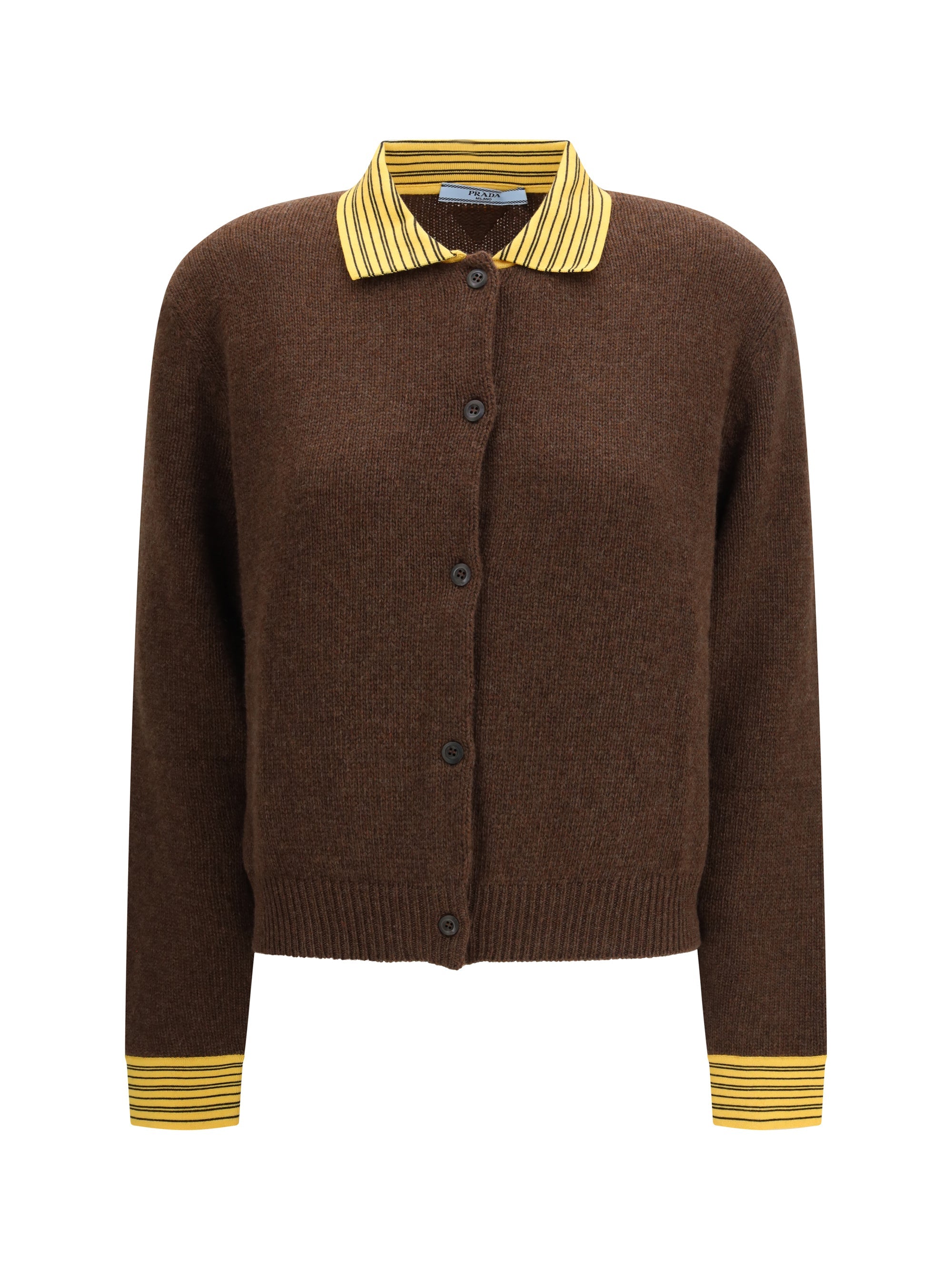 Prada Contrast Striped Collar and Cuffs Cardigan — Brown