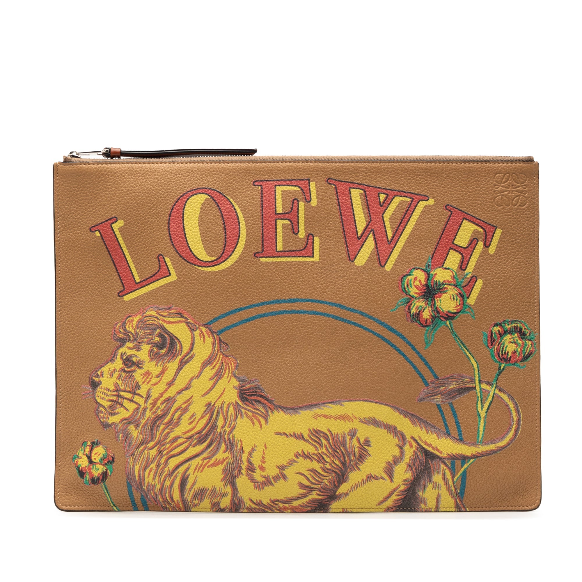 Paulas Ibiza Leather Lion and Floral Print Clutch