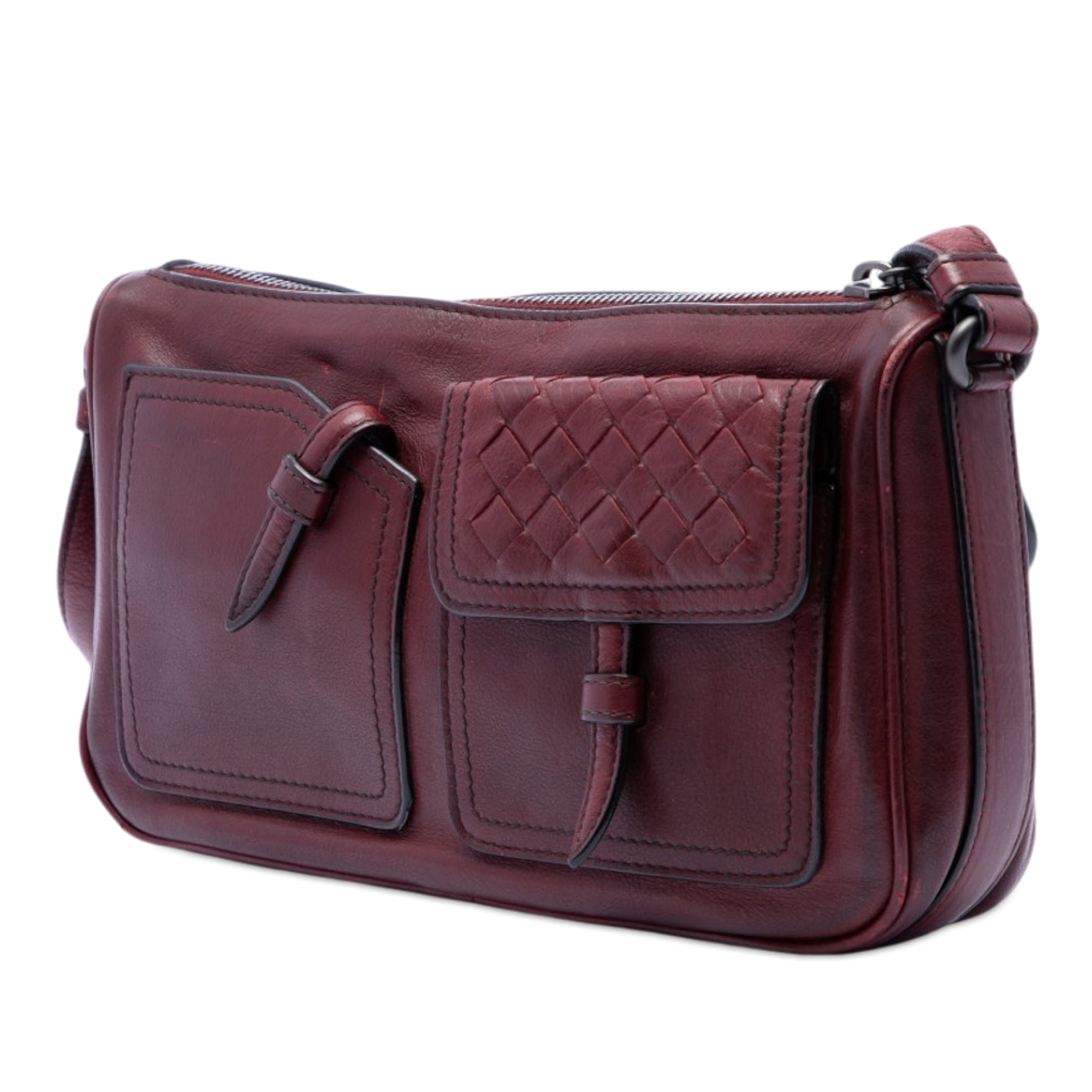 Intrecciato Trimmed Multi Pocket Leather Shoulder Bag