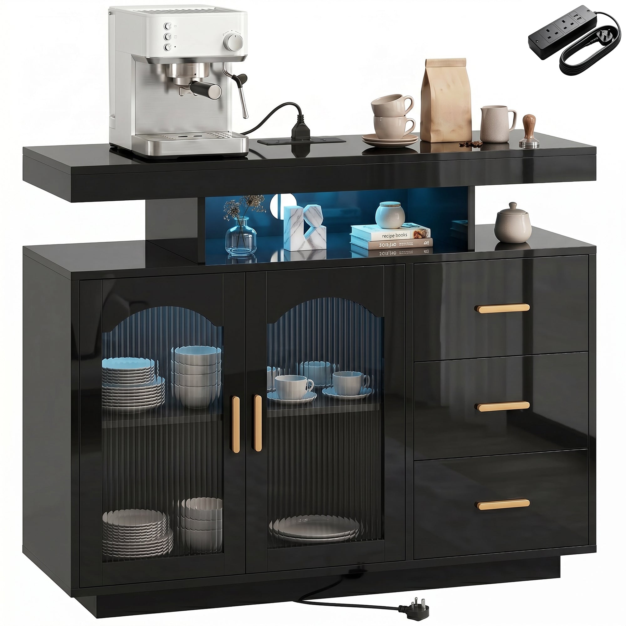 72-Inch High Gloss Sideboard with LED Lights, Built-In Outlets, 3 Drawers, Black