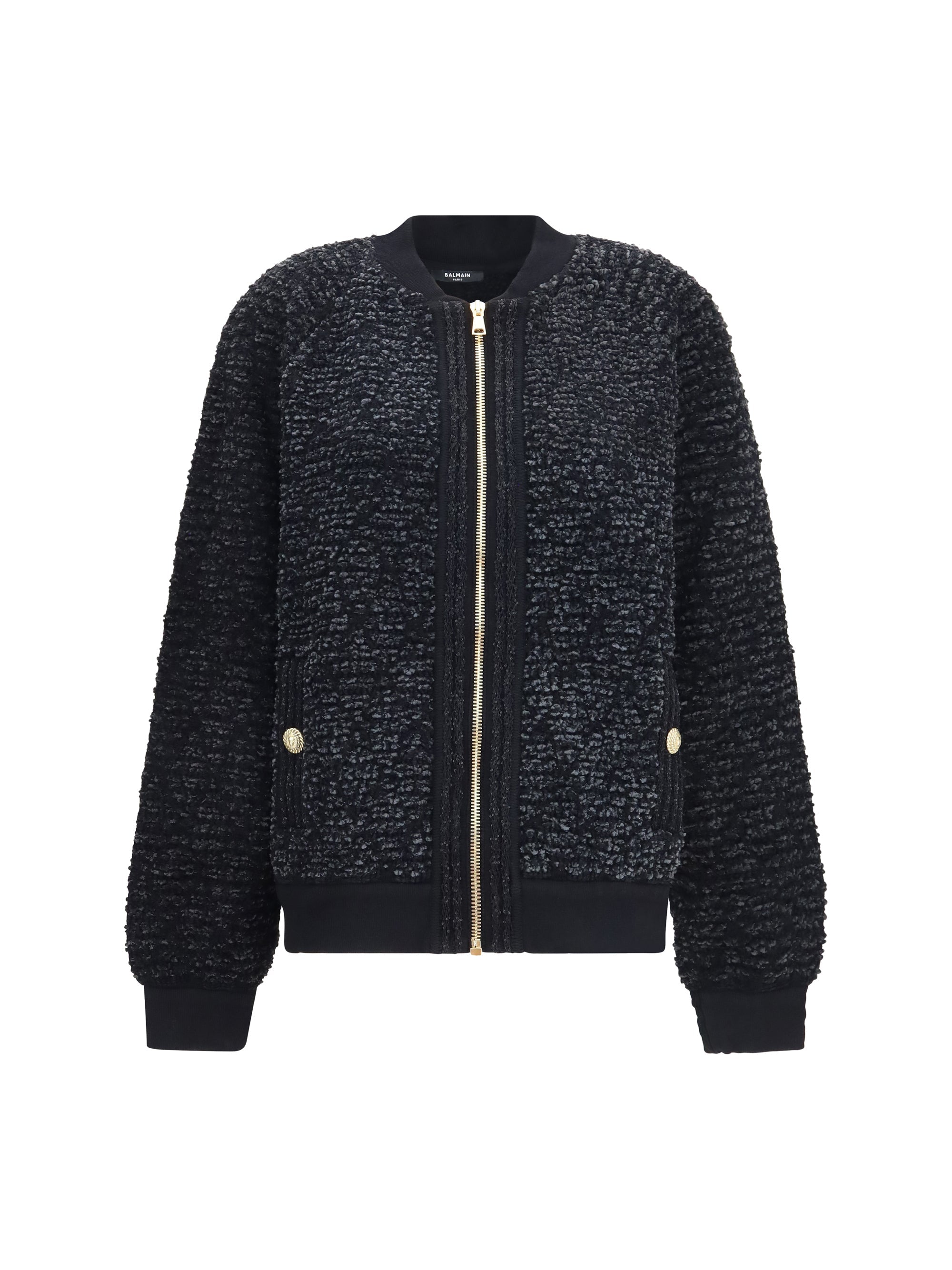 Balmain Sequin-Embellished Plush Jacket — Black