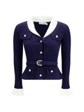 Self-Portrait Ribbed Knit with Contrasting Collar Cardigan — Navy