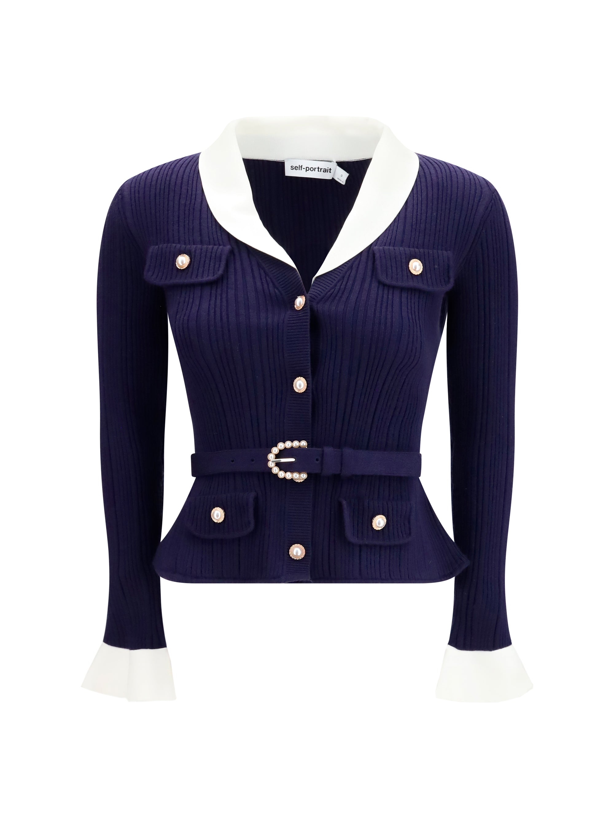 Self-Portrait Ribbed Knit with Contrasting Collar Cardigan — Navy