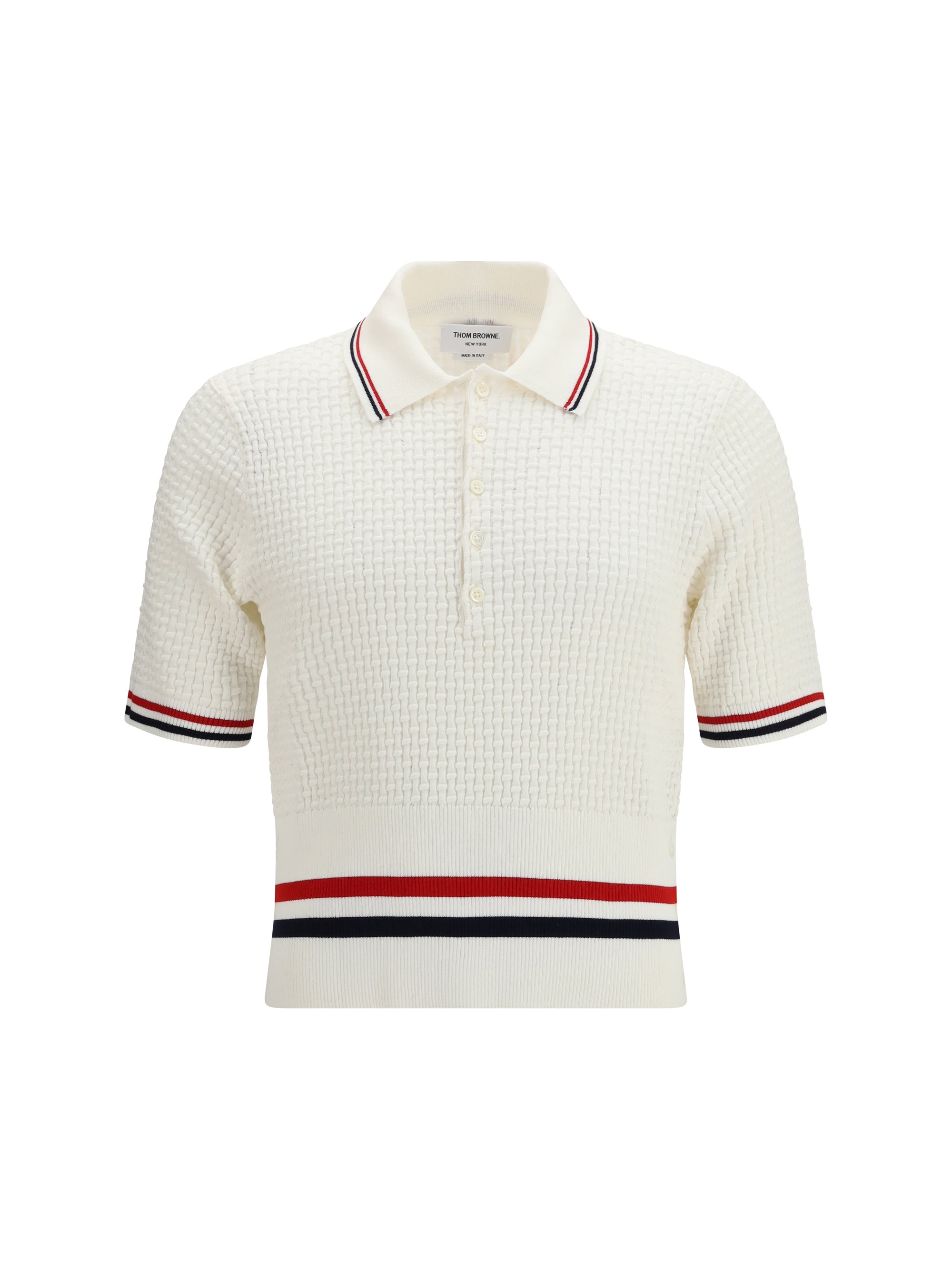 Thom Browne Woven Cotton with Striped Collar and Cuffs Polo — White