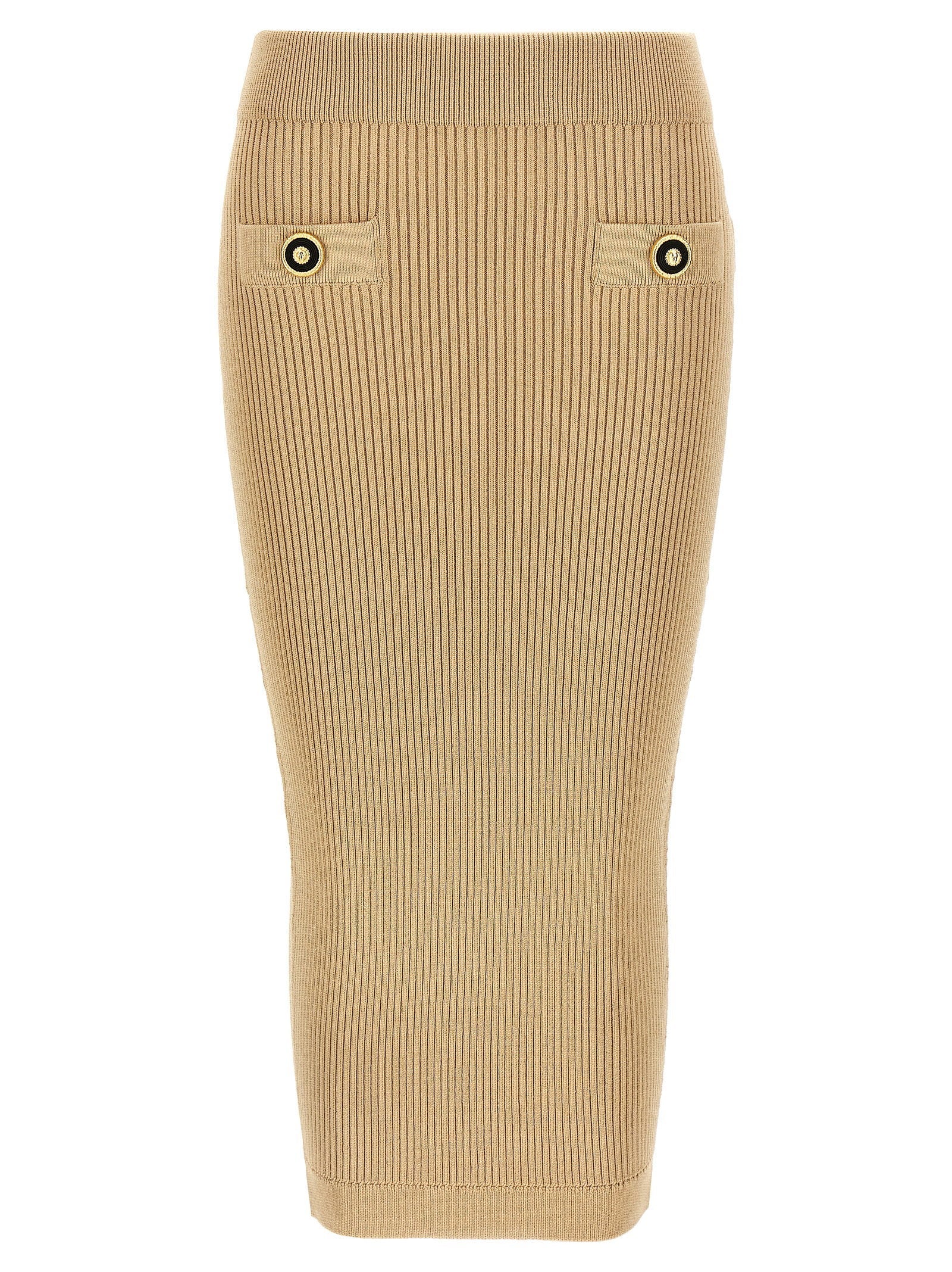 Balmain Ribbed Knit Midi Skirt — Beige