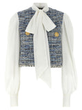 Balmain Tweed Vest Crepe de Chine Blouse — White