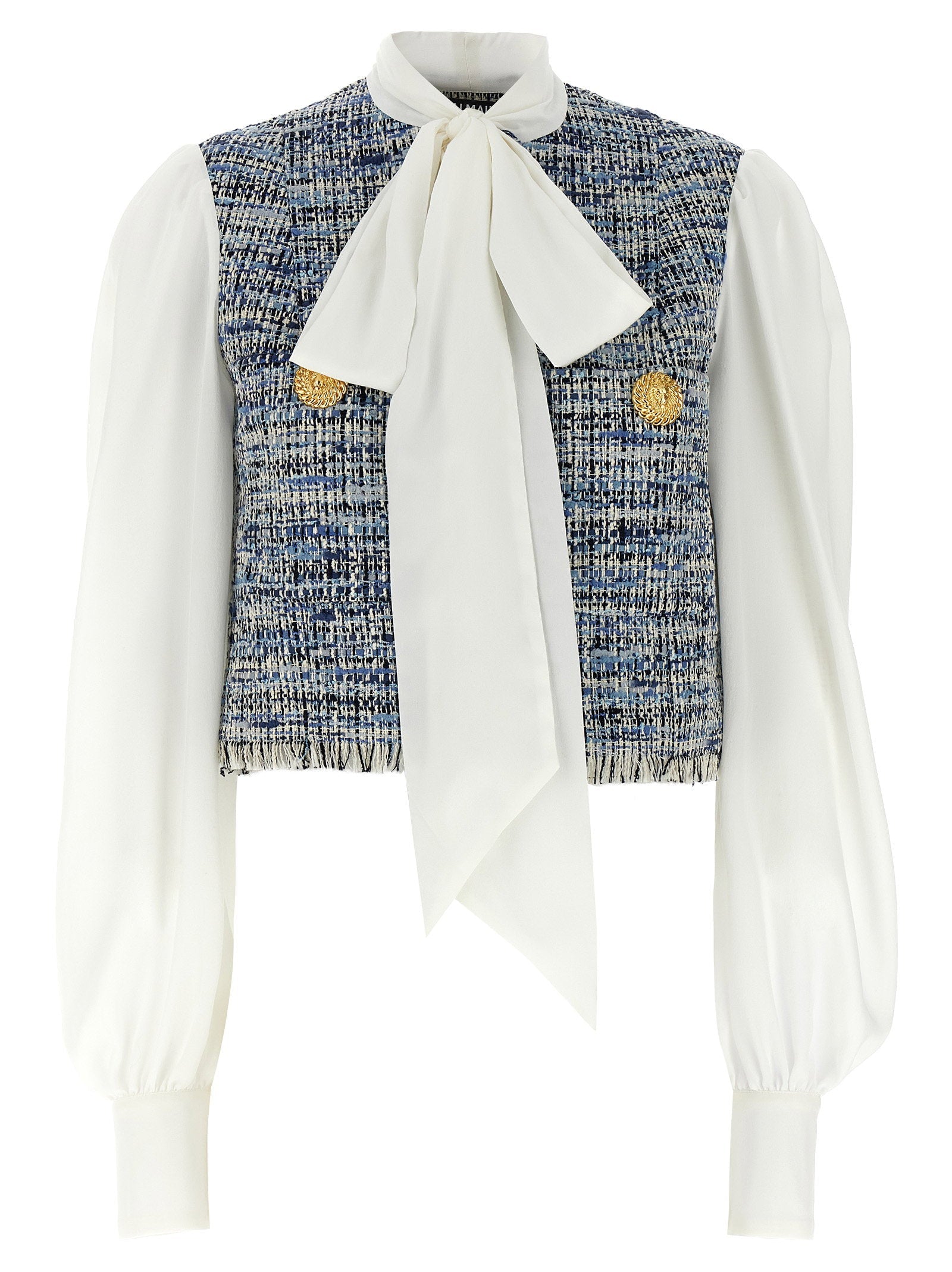 Balmain Tweed Vest Crepe de Chine Blouse — White