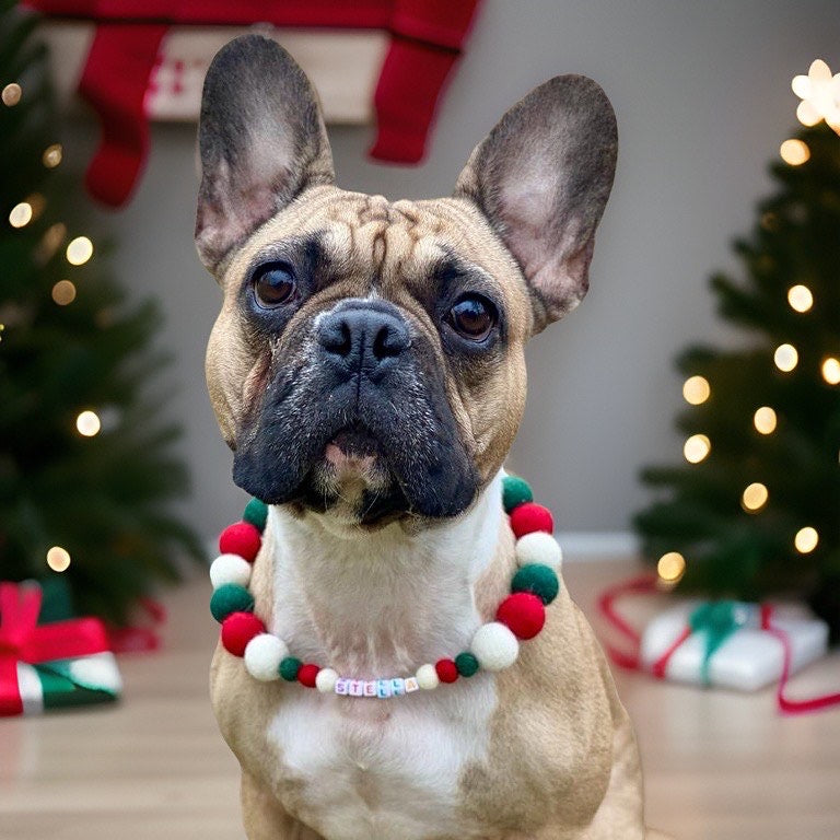 Christmas Pom Pom Dog Collar - Big Balls - Traditional Holly Green