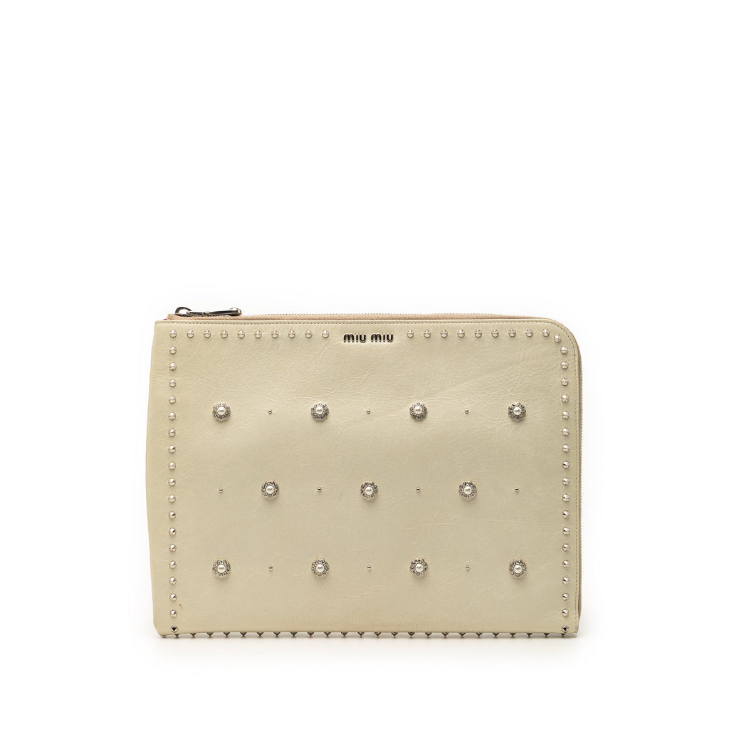 Faux Pearl Studded Leather Clutch