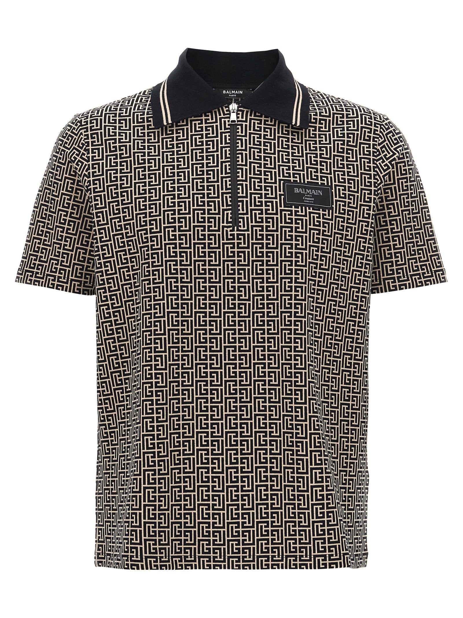 Balmain Logo-Embroidered Labyrinth Monogram Polo Shirt — Black