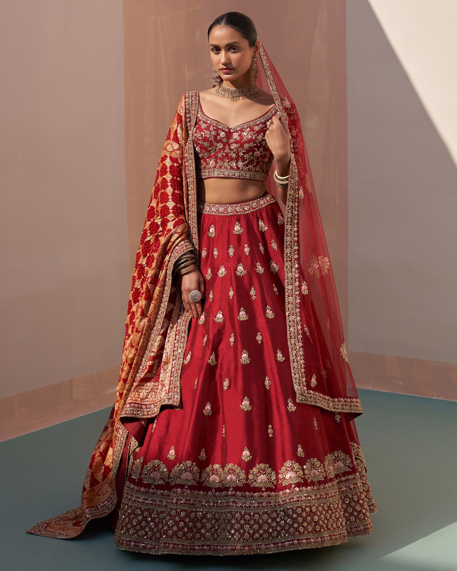Nirvi Maroon Double Dupatta Lehenga Set By KYNAH, Luxury Indian Fashion & Bridal Wear